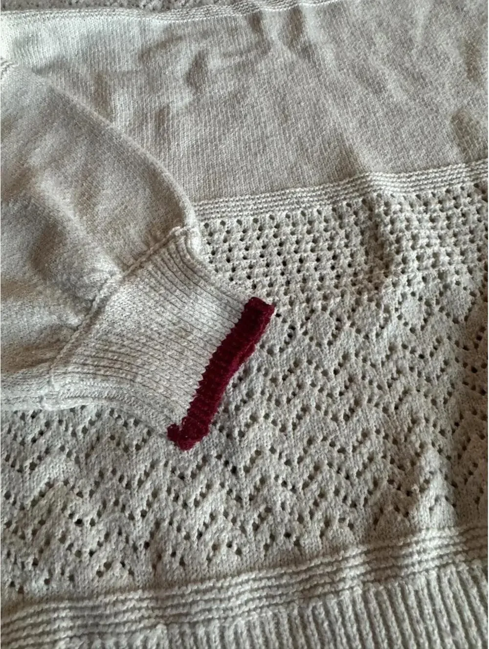 Vintage ivory pointelle knit sweater with burgundy trim